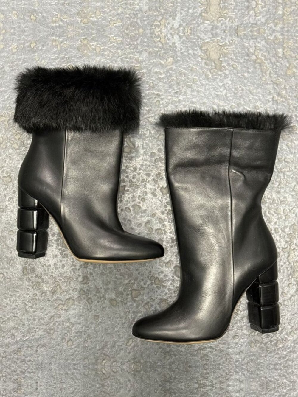 SALVATORE FERRAGAMO LORIS BLACK LEATHER FOX FUR TRIM ANKLE BOOTS